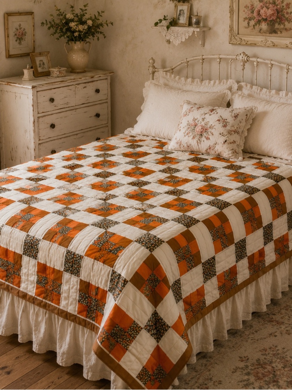 VTG Handmade Appalachian Granny Patchwork Quilt Cream, Orange & Brown 85 x 75